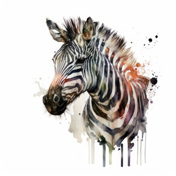 Colored watercolor zebra on a white background. AI generative.