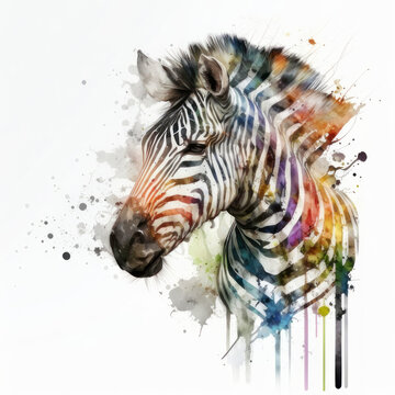 Colored watercolor zebra. AI generative.