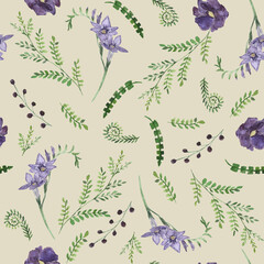 Watercolor seamless pattern with purple flowers, freesia, .fern and green branches. Field plants and tropical flowers. Pattern on a pastel beige background. botanical illustration
