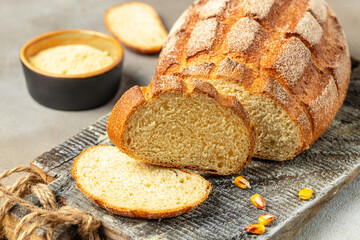 Fresh homemade corn bread, Healthy food concept. place for text, top view