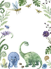 Frame with dinosaurs, paleontology. Ornament, decorative frame. Kindergarten, schooll award, certificate, diploma, achievement. Square frame with place for your text