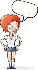 cartoon happy woman in short skirt with speech bubble