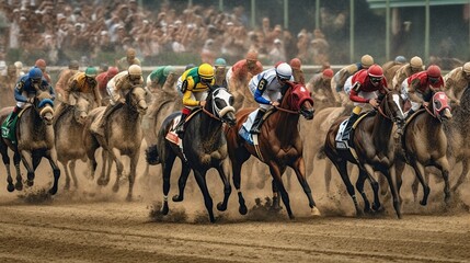 Kentucky derby horse racing. Generative AI illustration.