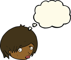 cartoon female face with raised eyebrow with thought bubble