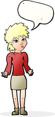 cartoon woman shrugging shoulders with speech bubble