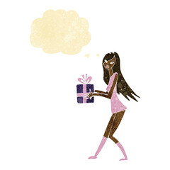 cartoon fashion girl with present with thought bubble