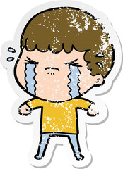 distressed sticker of a cartoon man crying