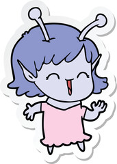 sticker of a cartoon alien girl laughing