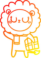 warm gradient line drawing cartoon lion with christmas present