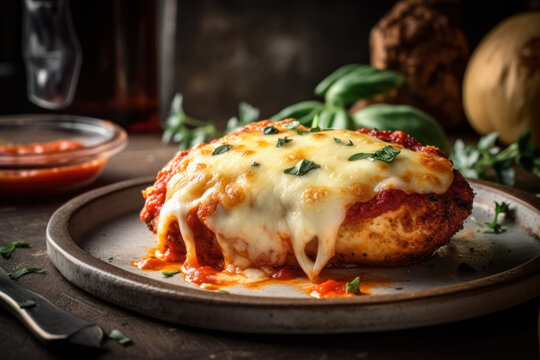 Baked chicken parmesan with marinara sauce and melted mozzarella cheese