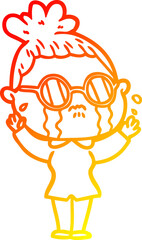 warm gradient line drawing cartoon crying woman wearing spectacles