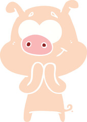 happy flat color style cartoon pig