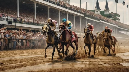 Rolgordijnen Kentucky derby horse racing. Generative AI illustration. © Marcela Ruty Romero
