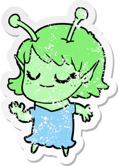 distressed sticker of a smiling alien girl cartoon