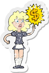 retro distressed sticker of a cartoon waitress with money symbol