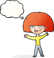 cartoon smug woman with thought bubble