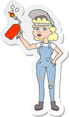 sticker of a cartoon woman welding