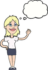 cartoon woman waving with thought bubble