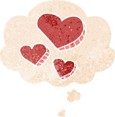 cartoon love hearts and thought bubble in retro textured style