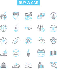Buy a car vector line icons set. Budget, Financing, Loan, Credit, Lease, Interest, Insurance illustration outline concept symbols and signs