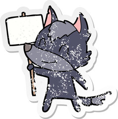 distressed sticker of a friendly cartoon wolf