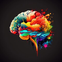 Creative colorful abstract human brain on a dark background. Knowledge concept. Generative AI