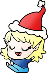 happy gradient cartoon of a elf girl sitting wearing santa hat