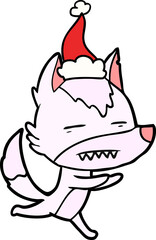 line drawing of a wolf showing teeth wearing santa hat