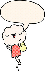 cute cartoon cloud head creature and speech bubble in comic book style