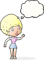 cartoon woman waving with thought bubble