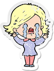 distressed sticker of a cartoon woman crying