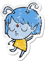 distressed sticker of a cartoon alien girl