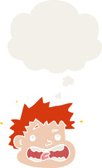 cartoon frightened face and thought bubble in retro style