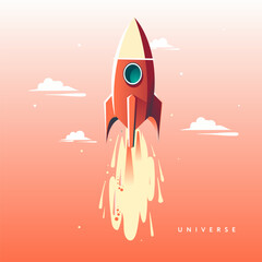 Flying red rocket with the word universe, vector