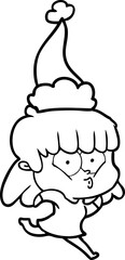 line drawing of a whistling girl wearing santa hat