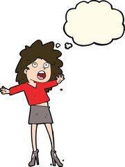 cartoon woman having trouble walking in heels with thought bubble