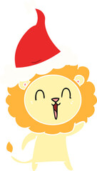 laughing lion flat color illustration of a wearing santa hat