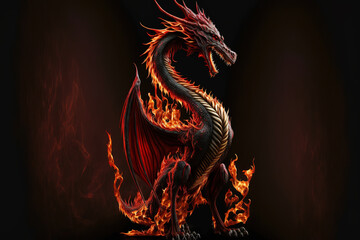 Full length angry red dragon with big wings and fire on black background, generative ai. © Jim1786