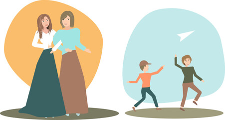 Walk with children. Moms of a friend walk arm in arm, children run and play paper plane. Perfect outing with kids. Vector i