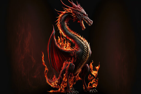 Full length angry red dragon with big wings and fire on black background, generative ai.