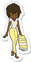 sticker of a cartoon woman going to bed