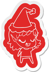 happy cartoon  sticker of a elf girl wearing santa hat