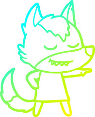 cold gradient line drawing friendly cartoon wolf girl pointing