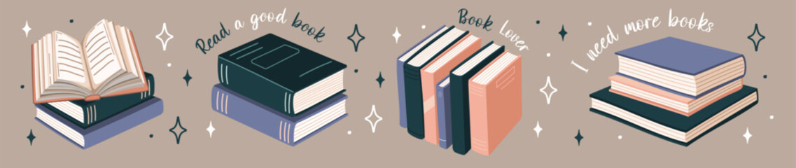 Set of books stickers. Open book, plant, and stacks of books to read in flat design style. World book day. Vector.