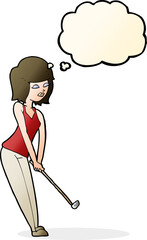cartoon woman playing golf with thought bubble
