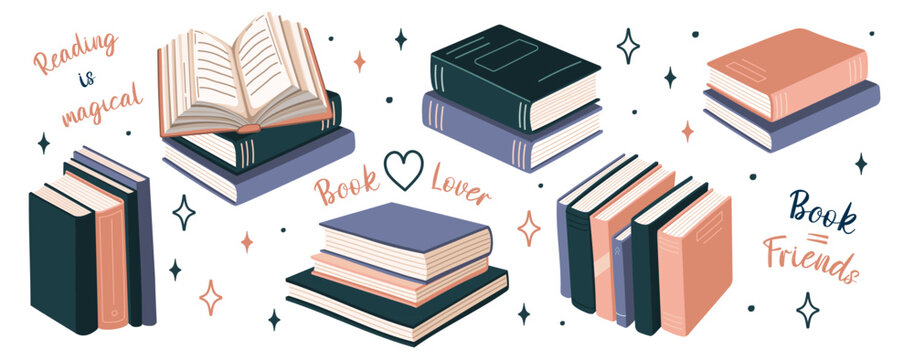 Set of books stickers. Open book, plant, and stacks of books to read in flat design style. World book day. Vector.