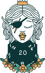 elf rogue character with natural twenty dice roll illustration