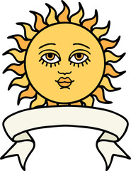 tattoo with banner of a sun with face