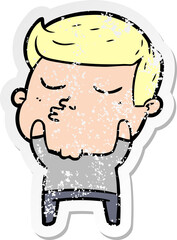 distressed sticker of a cartoon model guy pouting