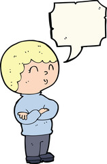 cartoon boy with folded arms with speech bubble